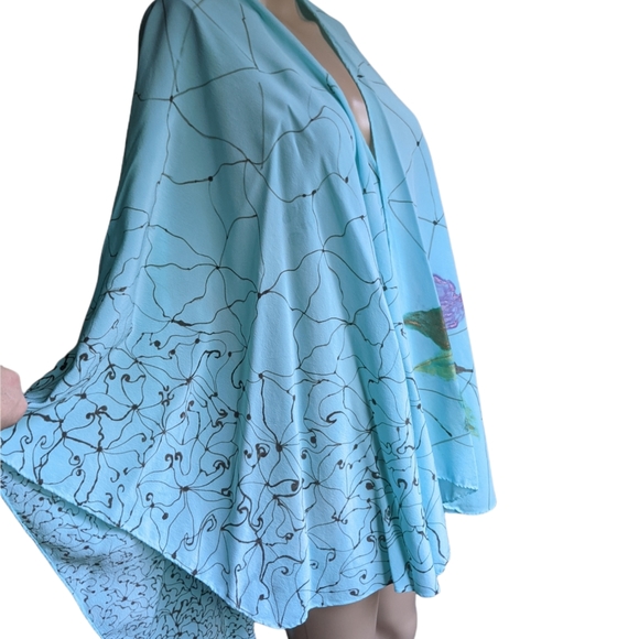 Hand Made Art Hand Painted Turqoise Blue Silk Cape OS - Picture 9 of 11